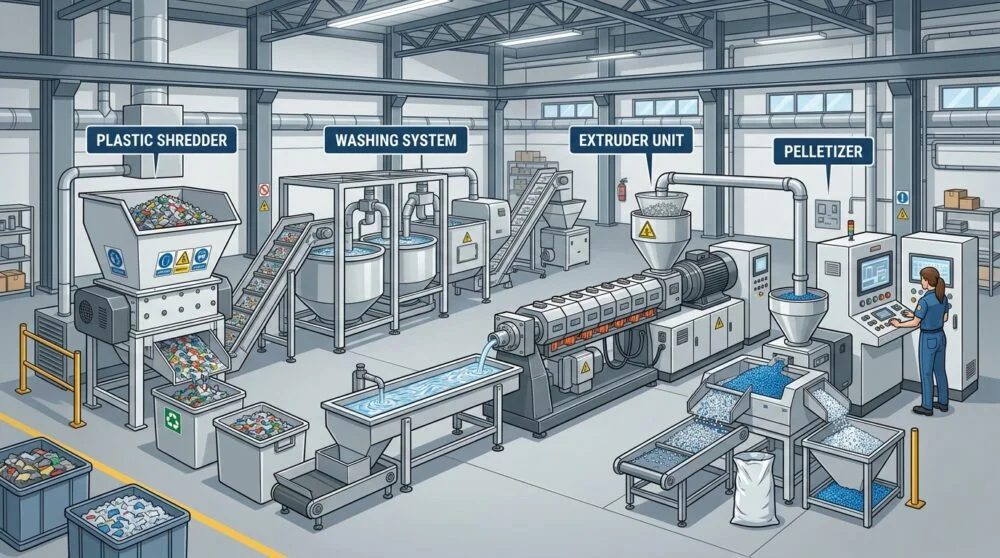 Plastic recycling facility: shredder, washing system, extruder and pelletizer